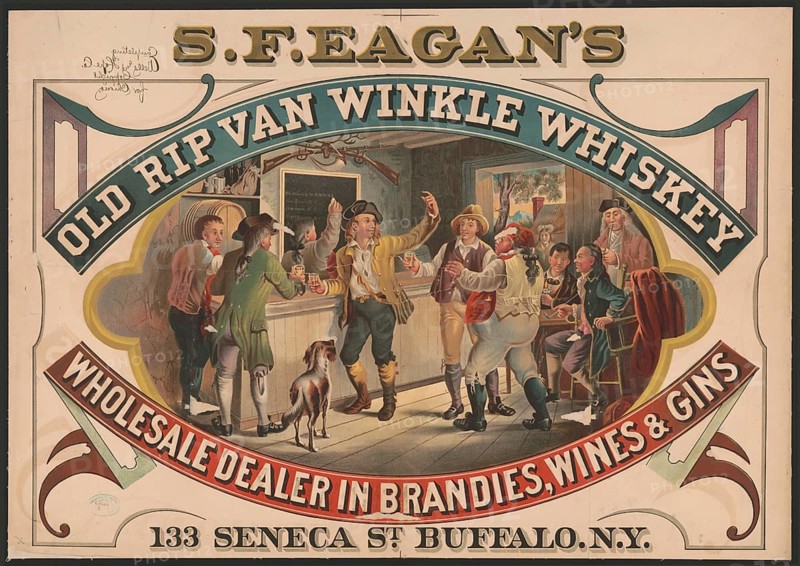 Advertising poster, beverage advertisement, advertising poster from 1878 promotes S.F. Eagan's Old Rip Van Winkle Whiskey, scene showing the literary character Rip Van Winkle returning to a lively village tavern after her 20-year sleep, authentic reproduction of a historical advertising poster, advertising sign, in high resolution, historical