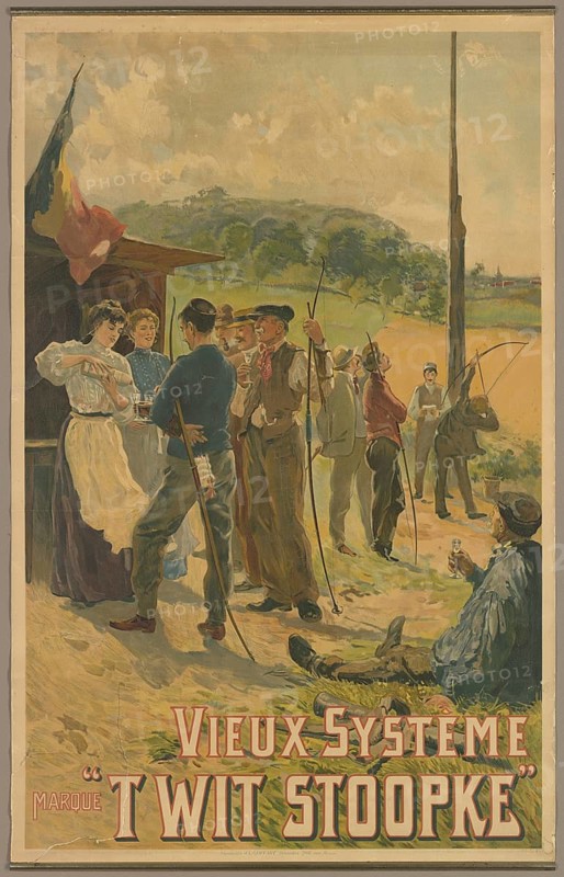 Advertising poster, beverage advertisement, advertising poster for the Belgian jenever and liqueur brand Vieux Système Marque't Wit Stoopke, 1910. In the foreground and background, people are shown socializing and doing traditional archery, wipschieting and Staande Wip, a popular sport that is very common in Flanders. On the left, woman serve guests at a stand, authentic reproduction of a historical advertising poster, advertising sign, in high resolution, historical