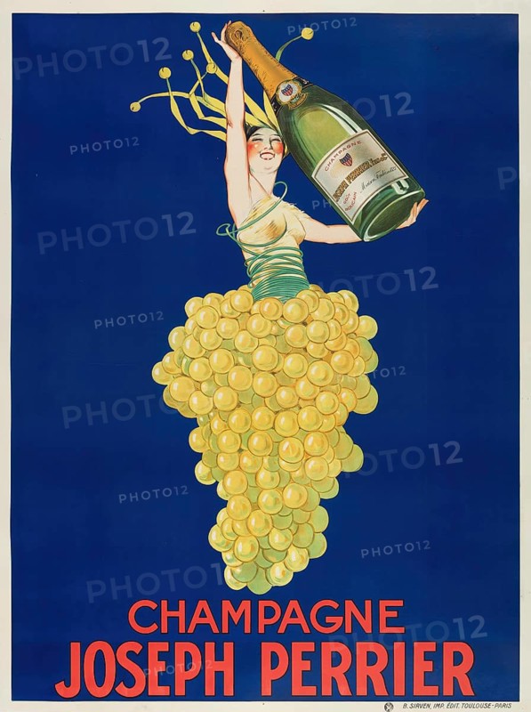 Advertising poster, beverage advertisement, advertisement for champagne Joseph Perrier, originally designed around 1926 by French artist Joseph Stall in Art Deco style. The picture shows an elegant woman whose dress consists of a large grape and who triumphantly raises a bottle of Joseph Perrier, authentic reproduction of a historical advertising poster, advertising sign, in high resolution