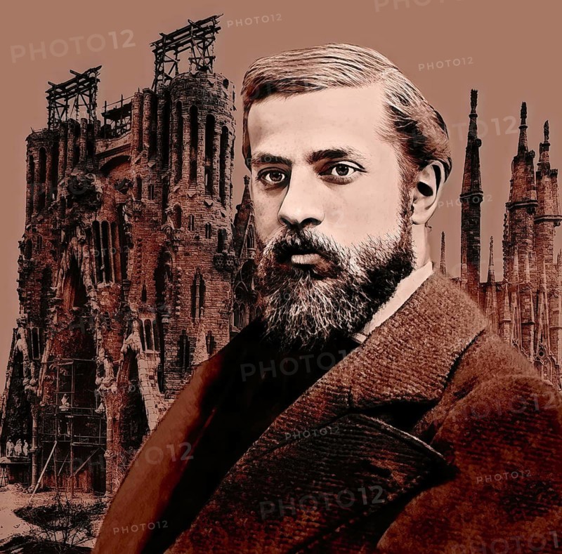 Portrait of Antoni Gaudí i Cornet, 1852 – 1926, Catalan architect and designer from Spain, the greatest exponent of Catalan Modernisme, Construction site of the Basílica i Temple Expiatori de la Sagrada Família, known as Sagrada Família, 1908, Barcelona, Catalonia, Spain, digitally edited