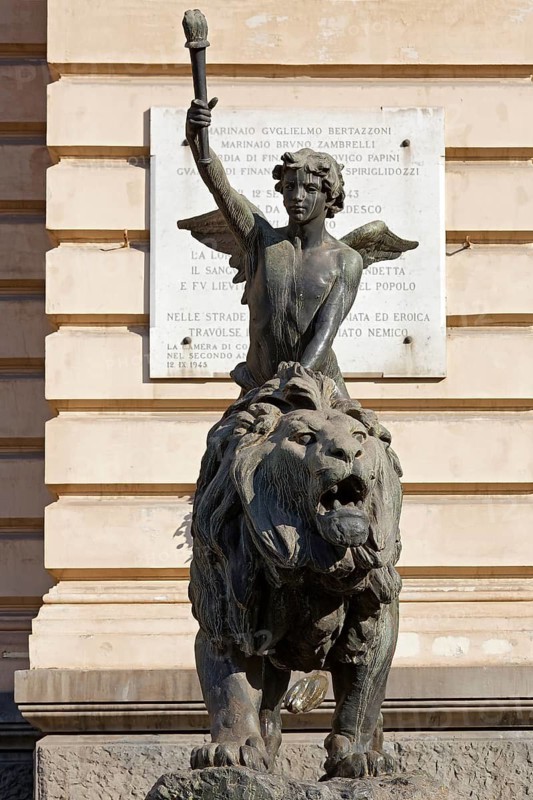 Winged boy riding on a lion, allegorical bronze sculpture in front of the Palazzo della Borsa, Piazza Giovanni Bovio, Naples, Province of Campania, Italy