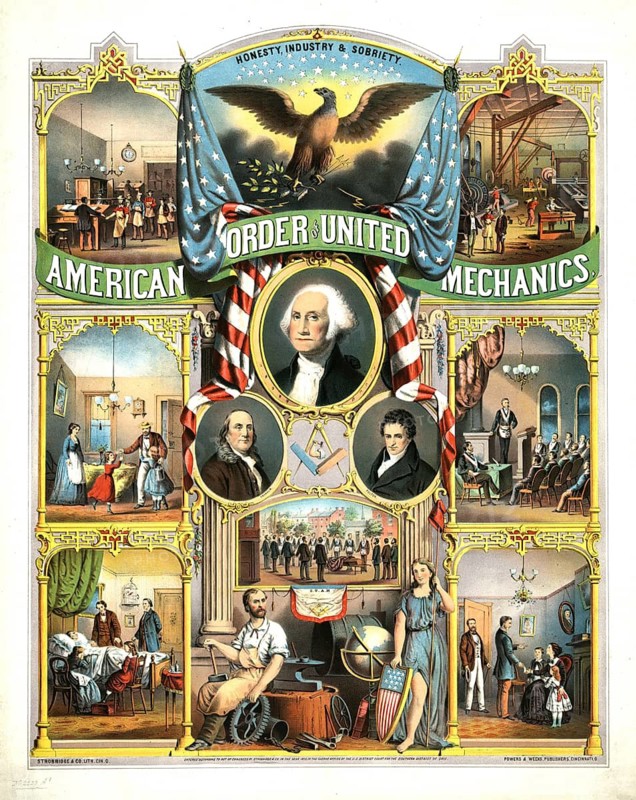 A chromolithograph for the American Order of United Mechanics, circa 1870, printed by Strobridge & Co. in Cincinnati. It features portraits of George Washington, Benjamin Franklin and Robert Fulton, as well as scenes depicting work, industry and everyday American life in the 19th century. Framed by US flags and the American eagle, the poster emphasises the values of Honesty, Industry & Sobriety of an early US fraternity or workers' organisation, American history, authentic, digitally restored reproduction of a 19th-century original, exact date of the depiction unknown, historical