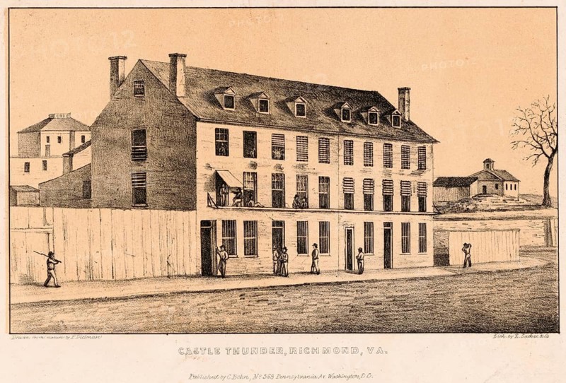 Lithograph of the notorious Castle Thunder military prison in Richmond, Virginia, dating from the American Civil War, originally a tobacco factory (warehouse) on Cary Street, which was converted into a prison by the Confederate government during the Civil War (1861–1865) by the Confederate government, authentic, digitally restored high-resolution reproduction from a 19th-century original, exact date of the image unknown, American history, historical