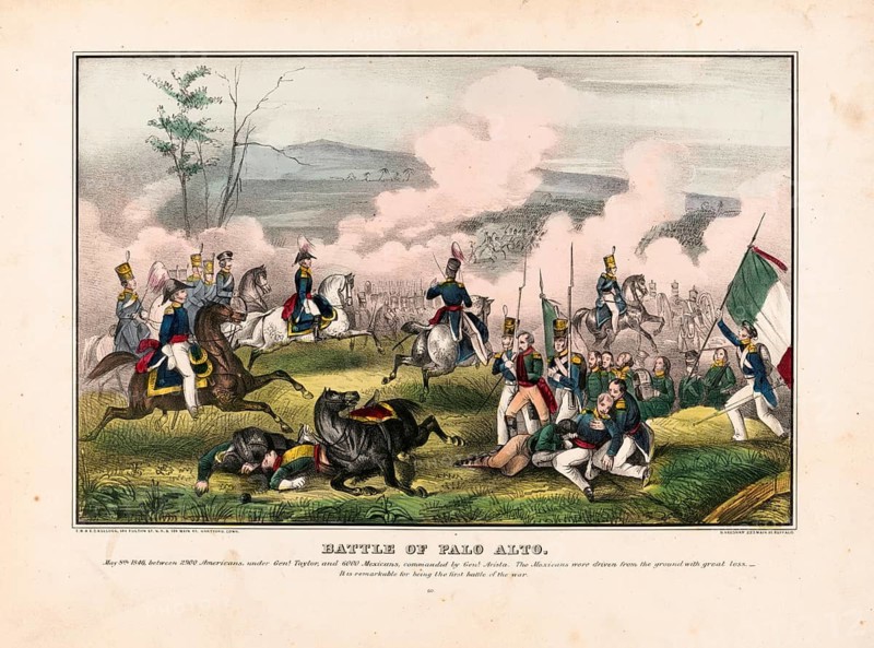 Lithograph of the Battle of Palo Alto from May 8, 1846, the first major battle of the Mexican-American War, published by E.B. & E.C. Kellogg in 1847. The conflict between around 2, 900 Americans under General Zachary Taylor and around 6, 000 Mexican soldiers under General Mariano Arista. It is considered the first official and significant battle of the conflict that took place on disputed territory near present-day Brownsville in Texas, American history, authentic, digitally restored reproduction from a 19th-century original, exact date of depiction unknown, historical