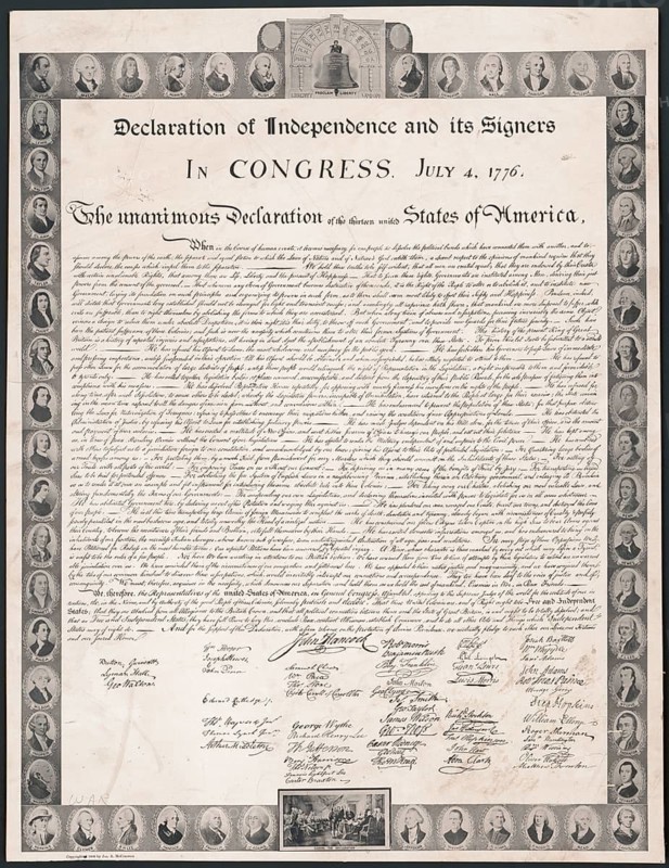 The Declaration of Independence of the United States, was adopted by the Continental Congress on July 4, 1776 and seals the separation of the 13 colonies from Great Britain. Thomas Jefferson designed the historical text that proclaims basic human rights such as life, freedom and the pursuit of happiness, American history, authentic, digitally restored reproduction in high resolution from a 19th century original, exact date of presentation unknown, historical