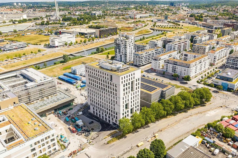 Aerial view of an urban building area with modern buildings and a river nearby, Neubau Krankenhaus, Böblingen airfield, Germany
