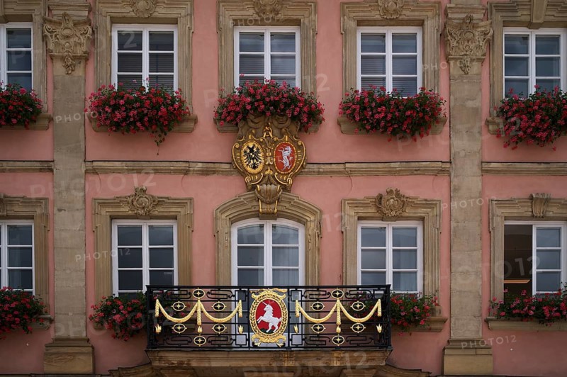 Balcony with unicorn in city coat of arms Town Hall, Schwäbisch Gmünd, Baden-Württemberg, Germany
