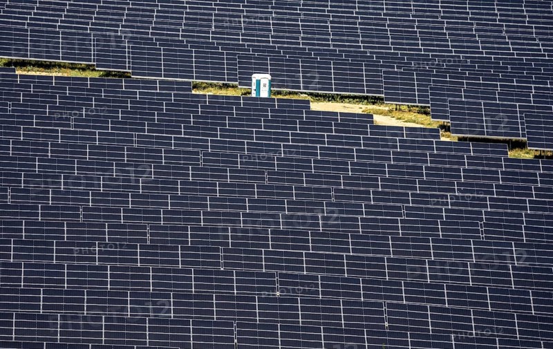 Solar park near Bad Wünnenberg-Haaren, single mobile toilet between the solar modules, North Rhine-Westphalia, Germany