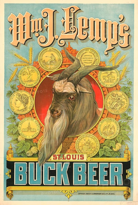 Advertising poster, beverage advertisement, advertising poster from 1886 for William J. Lemp's Buck Beer from St. Louis, Missouri. The design shows the head of a buck in the center, surrounded by various medals won by the brewery at exhibitions, authentic reproduction of a historical advertising poster, advertising sign, in high resolution, historical