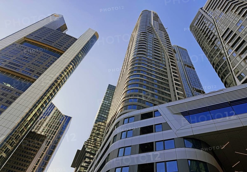 Frog's eye view of skyscrapers in the banking district, Four Frankfurt, Frankfurt am Main, Hesse, Germany