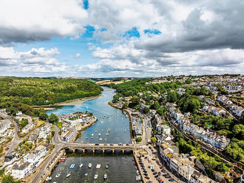 LOOE over River Looe from a drone, Cornwall, England, United Kingdom
