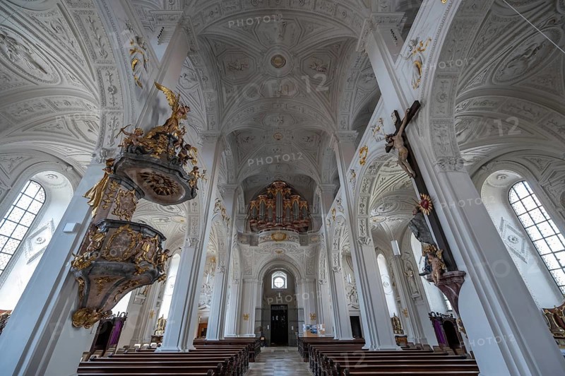 Interior with organ gallery of the court church of Our Lady, a late Renaissance building built 1607 to 1608, Karlsplatz, Neuburg an der Donau, Upper Bavaria, Germany