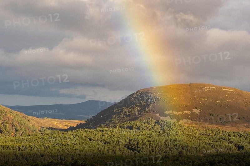 View through a rainbow from Cairngorm Mountain in the Hihglands in Scotland, Aviemore, Scotland, Great Britain