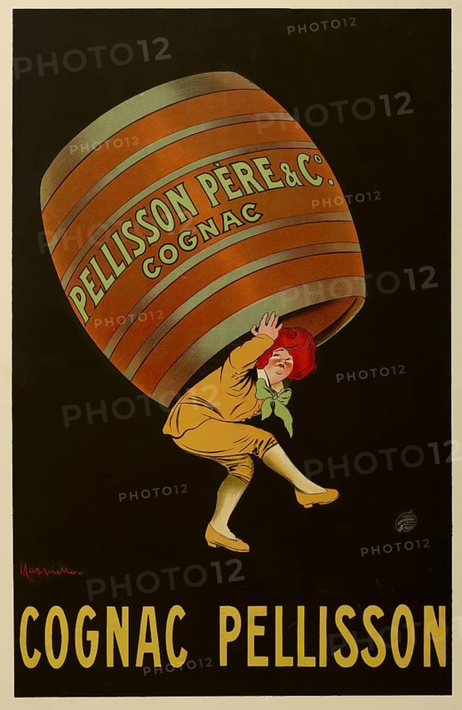 Advertising poster, beverage advertisement, advertising poster for cognac Pellisson is by the well-known artist Leonetto Cappiello, around 1907. It shows a bizarre scene with a figure in yellow clothing carrying a huge barrel, authentic reproduction of a historical advertising poster, advertising sign, in high resolution, historical