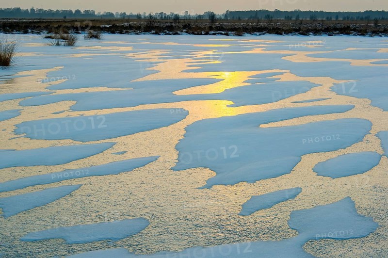 Winter landscape with snow and ice in Rehdener Geestmoor, Rehden, Lower Saxony, Germany