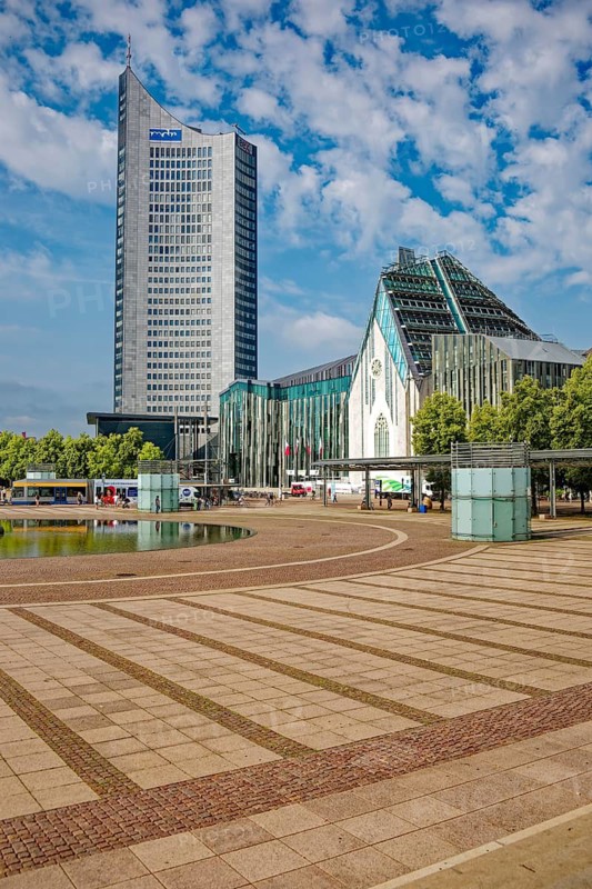 Morning atmosphere, Leipzig Augustusplatz with city skyscraper and university, reflection, water reflection, Leipzig, Saxony, Germany