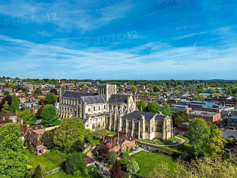 Winchester Cathedral from a drone, Winchester, Hampshire, England, United Kingdom