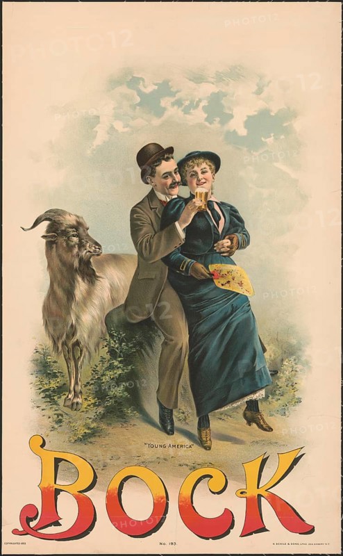 Advertising poster, beverage advertisement, lithograph with the title Young America, buck no. 193 was published in 1894 by Henry Jerome Schile. The artwork depicts a young couple sitting relaxed in a bucolic landscape while a goat curiously stands next to it. The scene promotes bock beer, which is illustrated by the large, stylized lettering and the goat, classic symbol for this type of beer, authentic reproduction of a historical advertising poster, advertising sign, in high resolution, historical