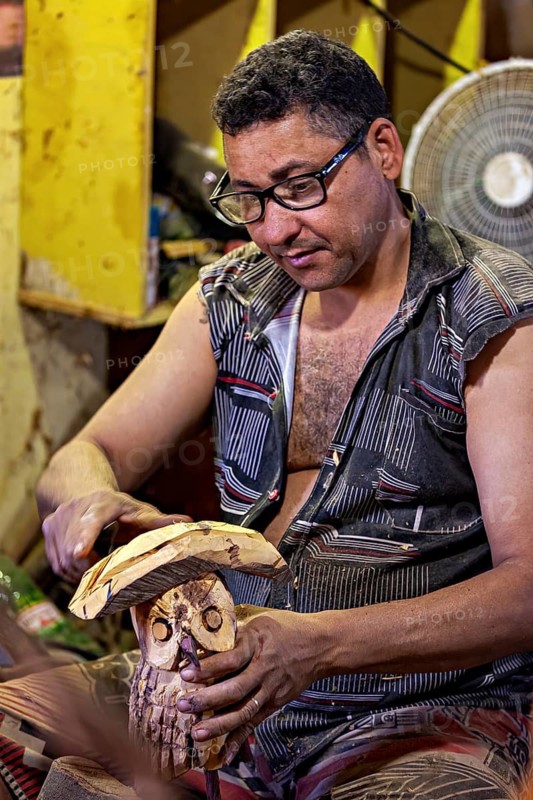 Man carves a detailed owl sculpture in a workshop using fan, artisan leg carving masks in Petrolina Brazil