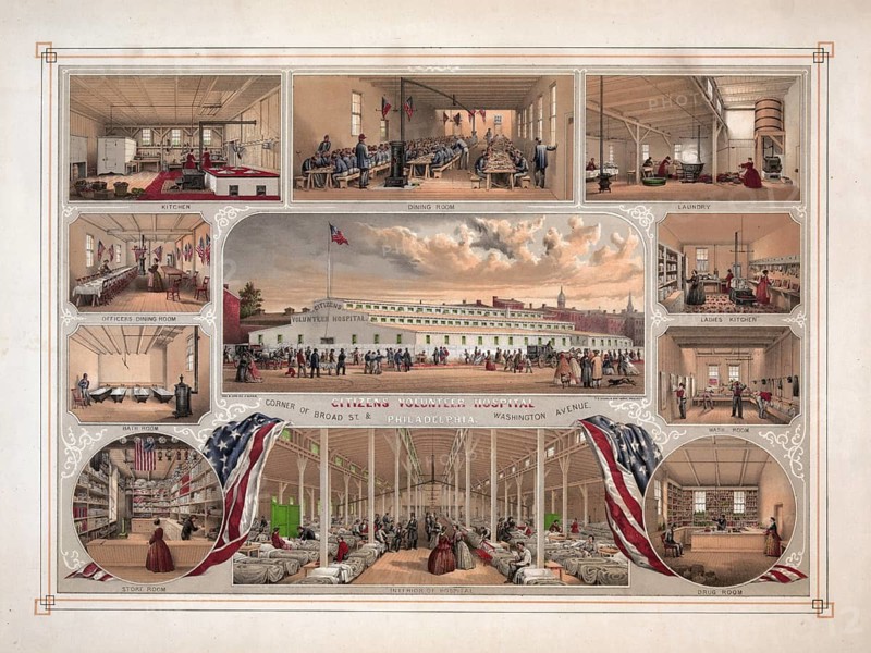 Lithograph of the Citizens Volunteer Hospital on the corner of Broad Street and Washington Avenue in Philadelphia, Pennsylvania, from the time of the American Civil War around 1862, surrounded by the main view of the building, it shows various detailed interiors and functional areas of the former hospital business, authentic, digitally restored reproduction in high resolution from a 19th century original, exact date of presentation unknown, American history, historical