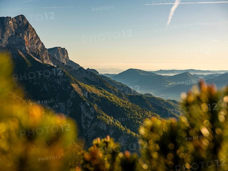 Morning atmosphere at Rauhen Kopf, Untersberg in the background, Berchtesgaden Alps, Bischofswiesen, Berchtesgadener Land, Upper Bavaria, Bavaria, Germany