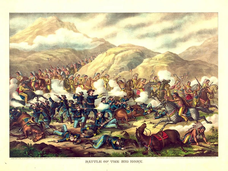 Lithograph Battle of the Big Horn depiction of Custer's last stand during the Battle of Little Bighorn on June 25, 1876. The Battle of the Little Bighorn in Montana Territory, in which US cavalry troops under Lieutenant Colonel George Armstrong Custer were crushingly defeated by combined associations of the Lakota-Sioux, Cheyenne and Arapaho. The painting romanticizes and dramatizes the battle, with Custer standing in the center with weapons drawn, surrounded by his fighting and fallen soldiers as well as Indian warriors, American history, authentic, digitally restored reproduction from a 19th-century model, exact date of depiction unknown, historical