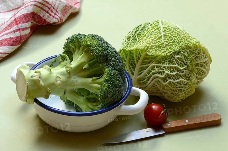 Savoy cabbage, and broccoli in pot