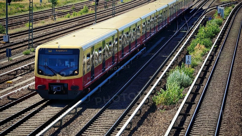 Red train on railroad tracks surrounded by vegetation in an urban environment, Berlin