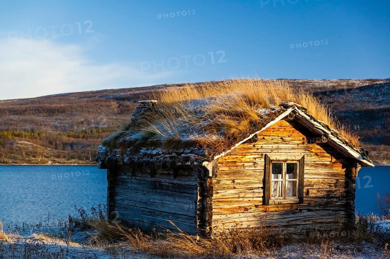 Europe, Finland, Lapland, cottage in Utsjoki, Saami Village, wooden hut, grass roof, Saami Village, Finnish Lapland, Finland