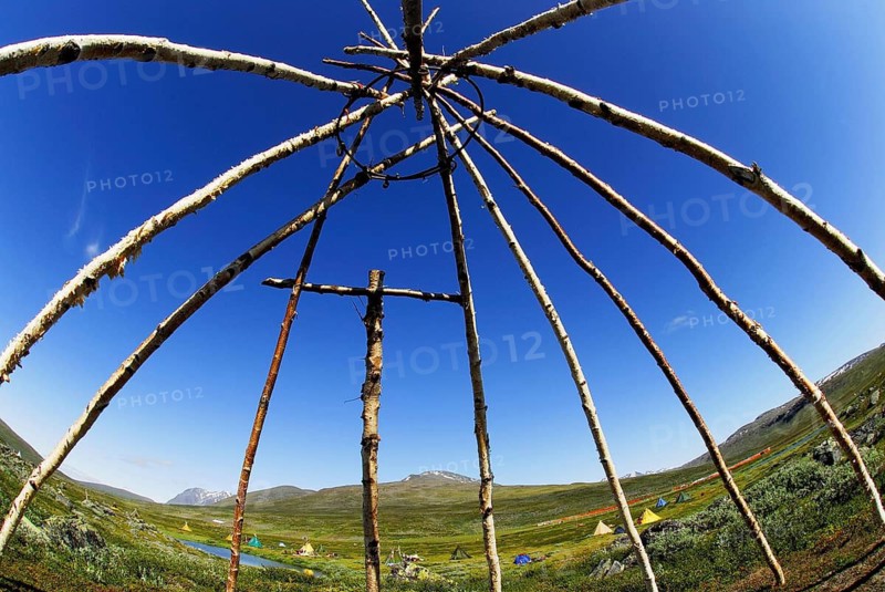 Scaffolding of a Sami tent, behind Akka massif in Stora Sjöfallet N.P, Lapland, Sweden