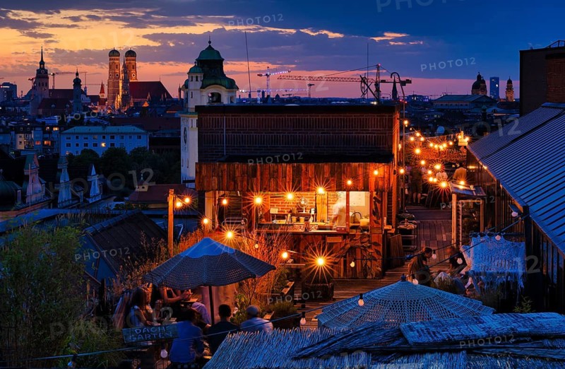 View from Kulturdachgarten, roof garden on the Gasteig, rooftop bar, in the background New Town Hall, Church of Our Lady, Cathedral of Our Lady, Munich Cathedral, evening night view, Munich, Bavaria, Germany