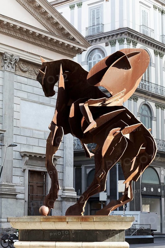 Il Cavaliere di Toledo, corten steel equestrian statue by William Kentridge on Via Toledo, Naples, Campania, Italy