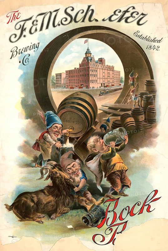 Advertising poster, beverage advertisement, advertising poster for bock beer from F. & M. Schäfer Brewing Co, The poster was created around 1897 by J. Ottmann Lith. Co. created in New York. The scene shows a brewery in the background, surrounded by dwarves and a goat drinking beer, authentic reproduction of a historical advertising poster, advertising sign, in high resolution, historical