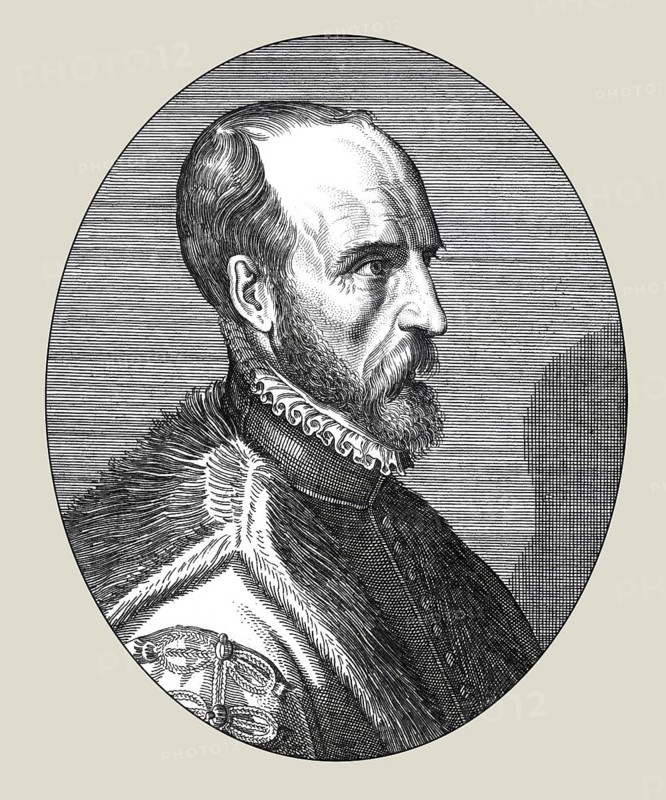 Abraham Ortelius, 1527 – 1598, Flemish scholar, cartographer, geographer and cosmographer, digitally edited based on a historical illustration by Philip Galle