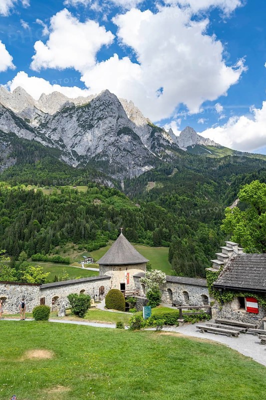 Lower courtyard of the castle with castle wall, Hohenwerfen Fortress, Werfen, Pongau, Salzburg state, Austria