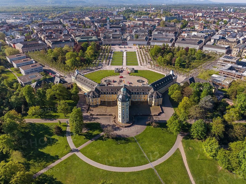 Aerial view of Karlsruhe Palace with Palace Square, Karlsruhe, Baden-Württemberg, Germany