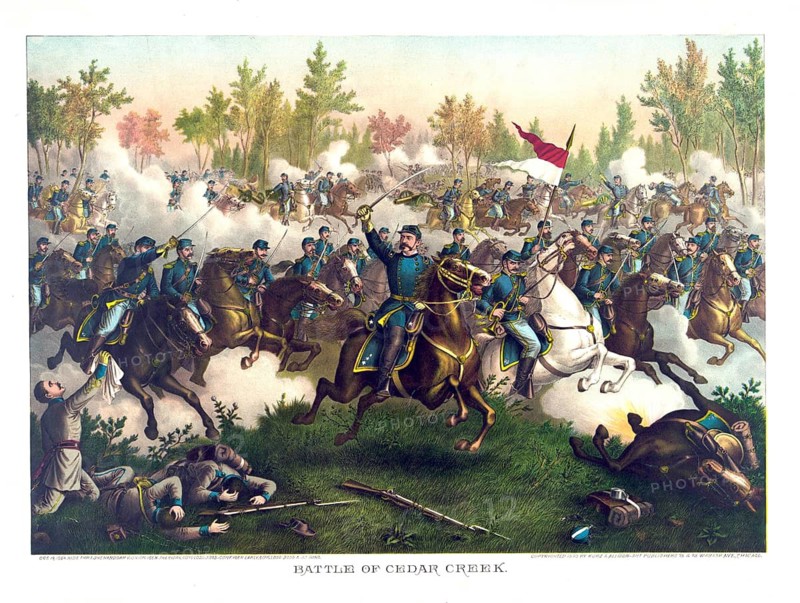 Lithograph of the Battle of Cedar Creek (19 October 1864) . In the centre is Union General Philip Sheridan, leading his troops on horseback in the decisive counter-attack. Shenandoah Valley, Virginia, USA. Victory for the Northern States (Union) under General Philip Sheridan against the Confederate troops under Jubal Early, American history, authentic, digitally restored reproduction of a 19th-century original, exact date of the depiction unknown, historical