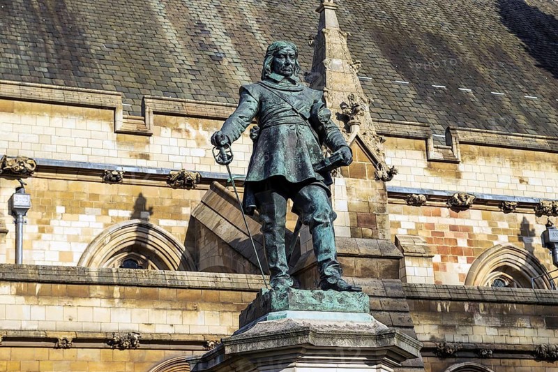 Hamo Thornycroft's 1899 bronze statue of Lord Protector Oliver Cromwell stands outside Westminster Hall, London, England, United Kingdom