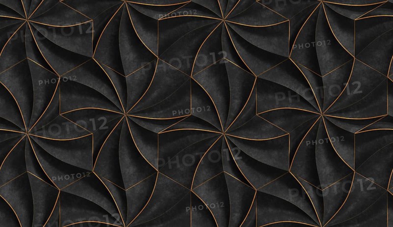 3D expensive wallpaper of architectural modules is black and brown with red gold frayed edges. Realistic seamless texture of high quality