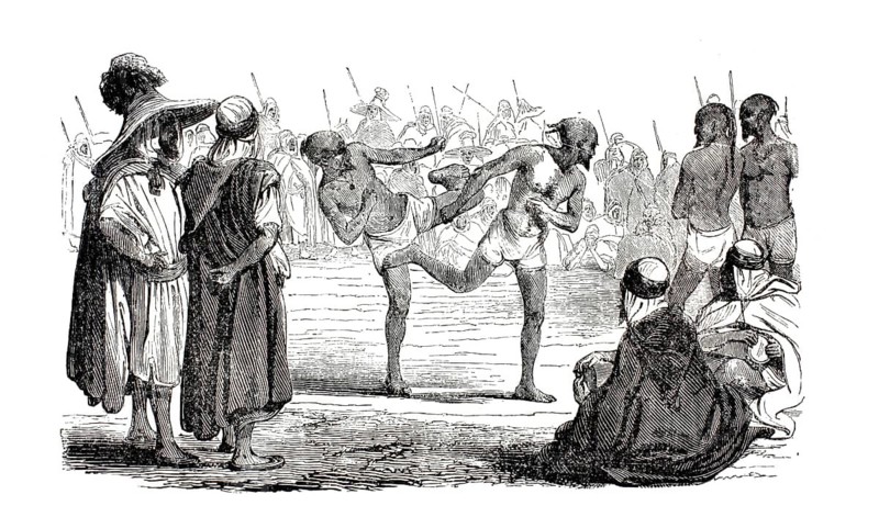 Traditional North African form of martial arts known as Matreg or El-Rebba, a form of stick and kick fighting practiced in 19th century Algeria, illustration, reproduction from a model from the 19th century. Authentic, file restored for optimal use, exact date of submission unknown, historical
