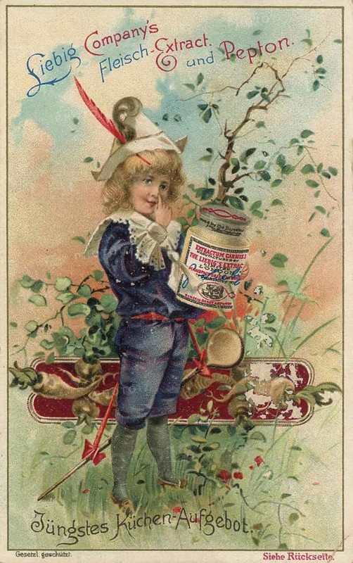 Picture series Recent kitchen line-up, child in historic clothing with a glass of Liebig's meat extract, picture of love, digitally restored reproduction of a collector's painting from around 1900, exact date unknown
