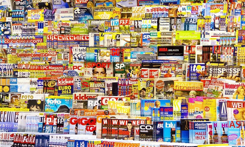 Lots of different magazines in a bookstore. Diversity of Opinion and Freedom of the Press, Vienna, Austria
