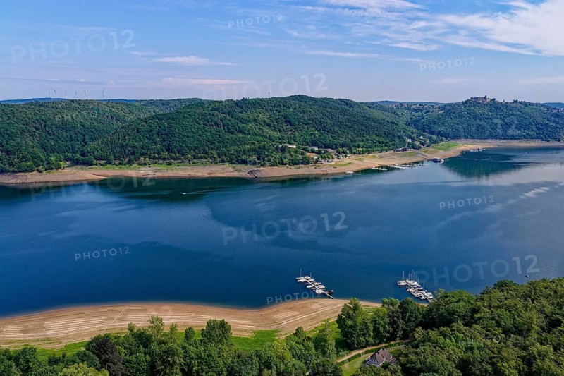 The Edersee, Eder Reservoir, in the Kellerwald-Edersee nature park Park in northern Hesse. aerial view. Edertal, Hesse, Germany