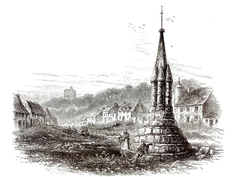 Norham Cross in Northumberland, England, around 1870-1890, locals near the medieval market cross, illustration, reproduction from a model from the 19th century. Authentic, file restored for optimal use, exact date of submission unknown, historical