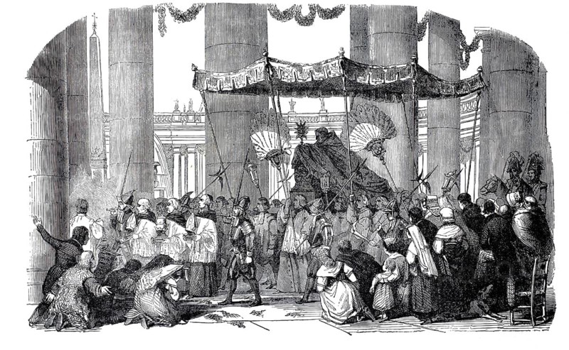 Papal procession in St. Peter's Square in Rome, during which the Pope is transported on the traditional Sedia Gestatoria, the worn throne of the Pope. Large ceremonial fans of ostrich feathers rise up behind and next to the throne. These so-called Flabella traditionally accompanied the Pope during solemn processions, here in the colonnade by Gian Lorenzo Bernini, which encloses St. Peter's Square, illustration, reproduction from a 19th-century model. Authentic, file restored for optimal use, exact date of submission unknown, historical