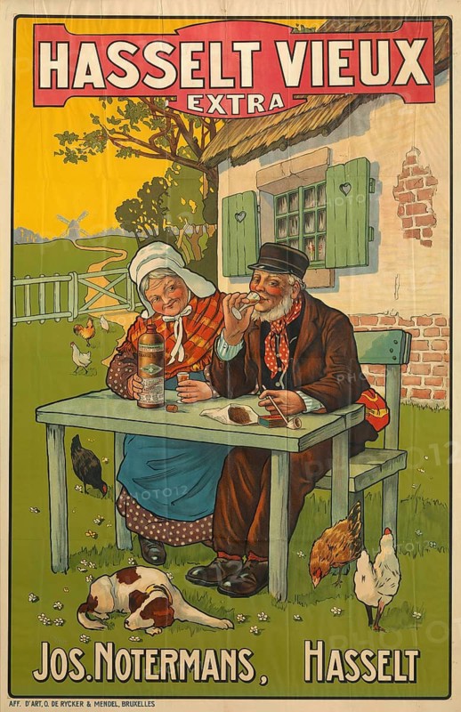 Advertising poster, beverage advertisement, advertising poster by Henri Cassiers from 1924 for Hasselt Vieux Extra, a Jenever product. The poster promotes a spirit from the Hasselt region, Belgium, which is traditionally known as Jenever. The scene shows an elderly couple in a rural area enjoying alcohol, which is typical of the advertising culture of that time, authentic reproduction of a historical advertising poster, advertising sign D, in high resolution, historical