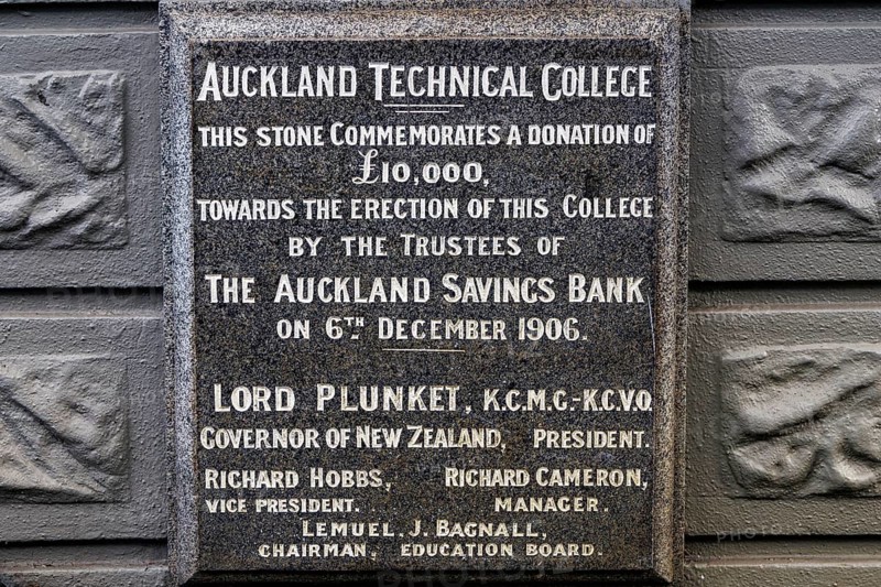 Foundation stone plaque for Auckland Technical College commemorating 1906 donation by Auckland Savings Bank, Auckland, New Zealand