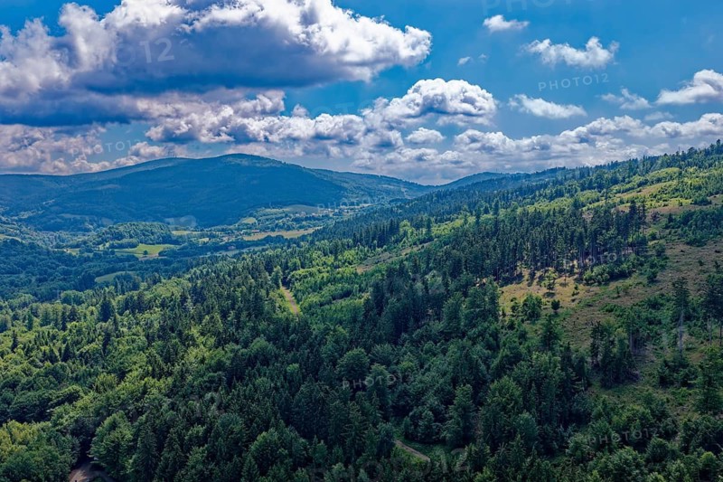Landscape on the Owl Mountains, Gory Sowie, part of the Silesian Central Sudetes in southwestern Poland. aerial view. Hohe Owl, Lubachow, Silesia, Poland
