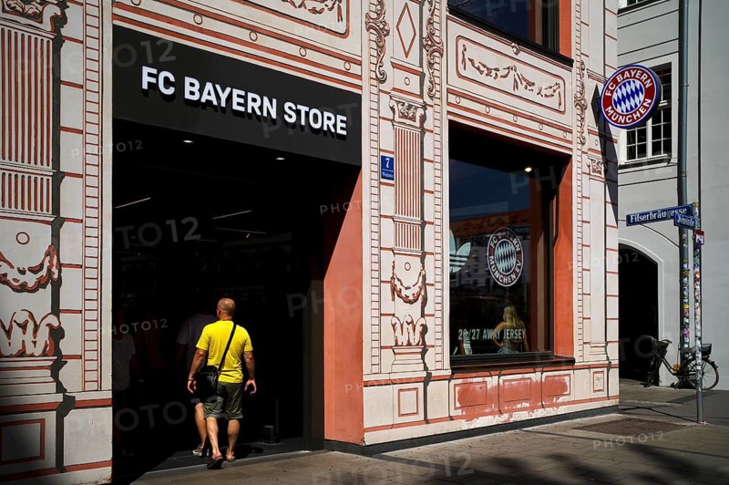 FC Bayern World with Flagship Store, FCB Logo, Sports Merchandise Store, Weinstraße, Munich, Bavaria, Germany