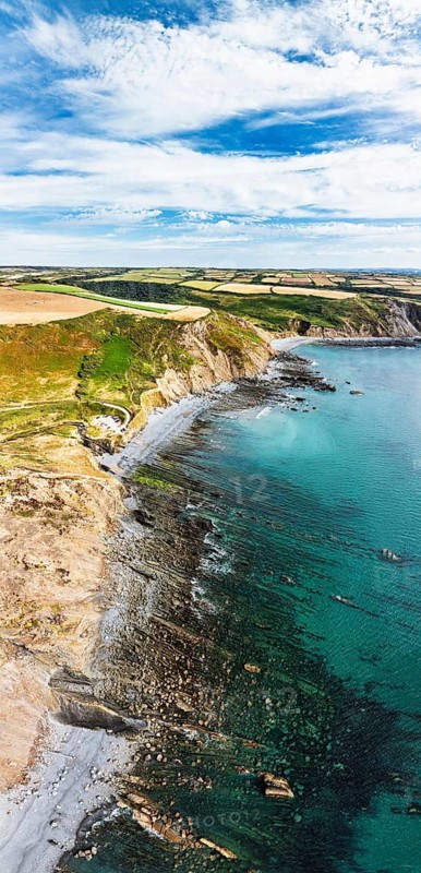 Panorama of Cliffs and Fields over Welcombe Mouth Beach from a drone, North Devon and Cornwall Coastpath Border, Devon, England, Summer 2026